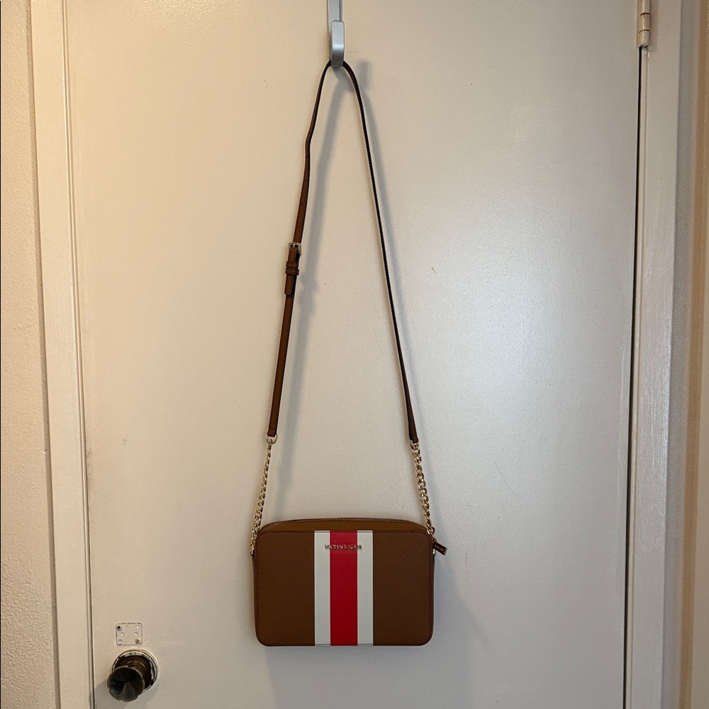 Michael Kors Tan Crossbody Bag with Red and White Stripe